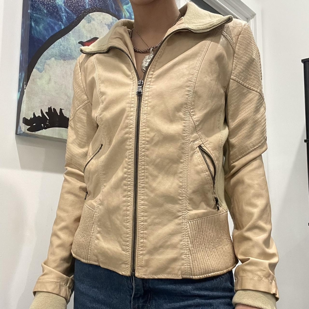 Guess NWT Moto Jacket Women Biker Tan Camel Medium Coat Top Bomber Y2K - Picture 2 of 15